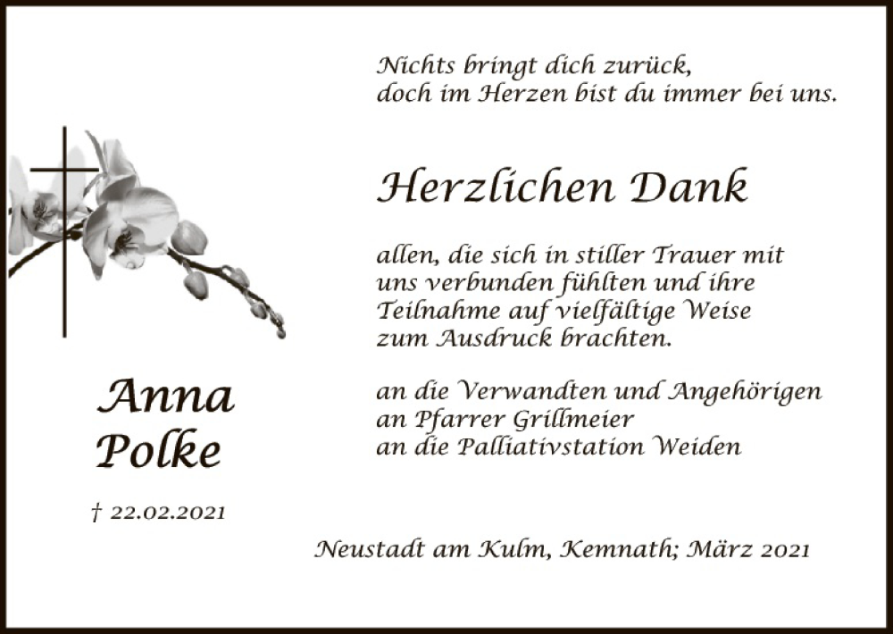  Traueranzeige für Anna Polke vom 20.03.2021 aus Tirschenreuth + Eschenbach - Kemnath - Erbendorf