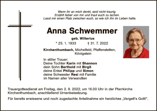 Traueranzeige von Anna Schwemmer von Eschenbach - Kemnath - Erbendorf + Sulzbach - Rosenberger Zeitung
