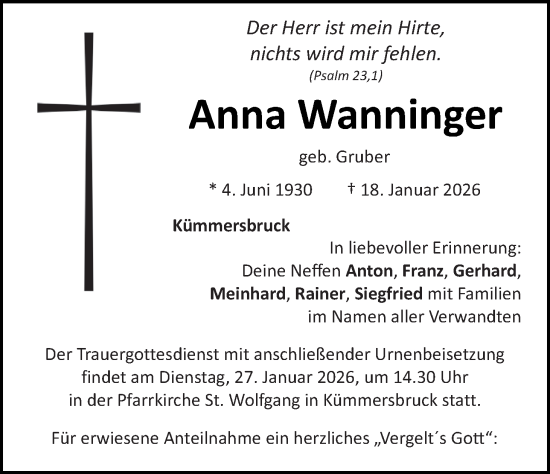 Traueranzeige von Anna Wanninger von Hauptausgabe Amberg