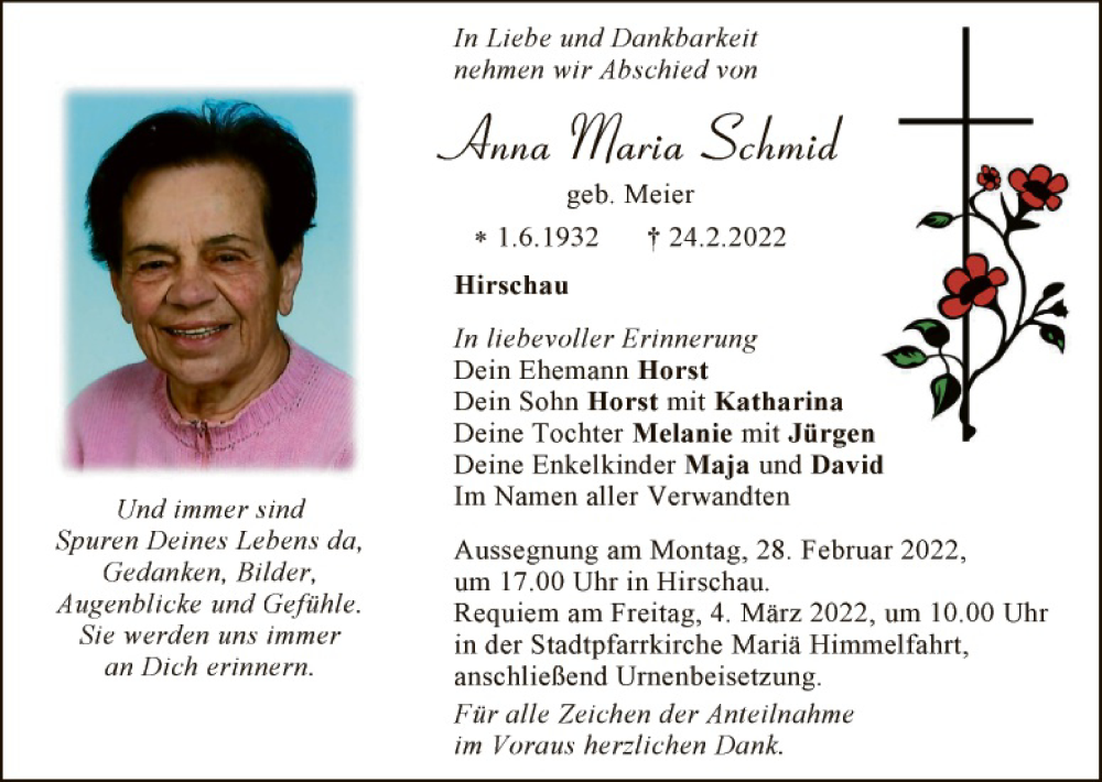  Traueranzeige für Anna Maria Schmid vom 26.02.2022 aus Hauptausgabe Amberg