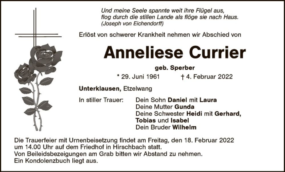  Traueranzeige für Anneliese Currier vom 16.02.2022 aus Hauptausgabe Amberg