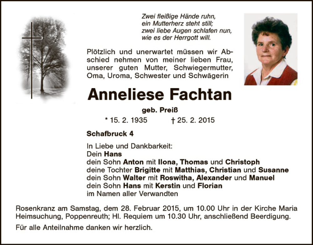  Traueranzeige für Anneliese Fachtan vom 27.02.2015 aus Tirschenreuth + Eschenbach - Kemnath - Erbendorf