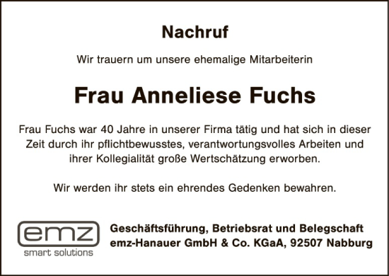 Traueranzeige von Anneliese Fuchs von Landkreis Schwandorf