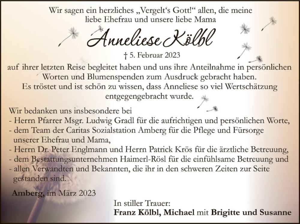  Traueranzeige für Anneliese Kölbl vom 04.03.2023 aus Hauptausgabe Amberg