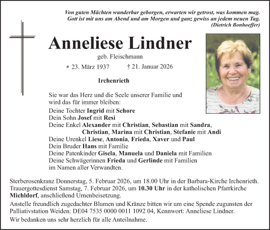 Traueranzeige von Anneliese Lindner von Hauptausgabe Weiden