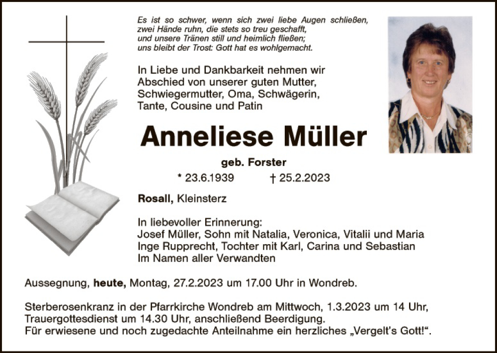  Traueranzeige für Anneliese Müller vom 27.02.2023 aus Tirschenreuth + Eschenbach - Kemnath - Erbendorf