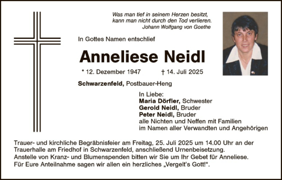 Traueranzeige von Anneliese Neidl von Landkreis Schwandorf
