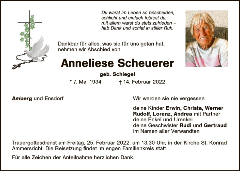  Traueranzeige für Anneliese Scheuerer vom 23.02.2022 aus Hauptausgabe Amberg