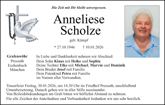 Traueranzeige von Anneliese Scholze von Hauptausgabe Weiden