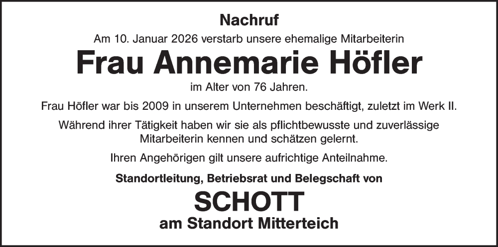  Traueranzeige für Annemarie Höfler vom 30.01.2026 aus Tirschenreuth
