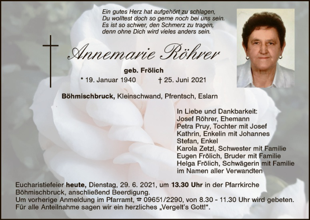  Traueranzeige für Annemarie Röhrer vom 29.06.2021 aus Landkreis Schwandorf und Vohenstrauß