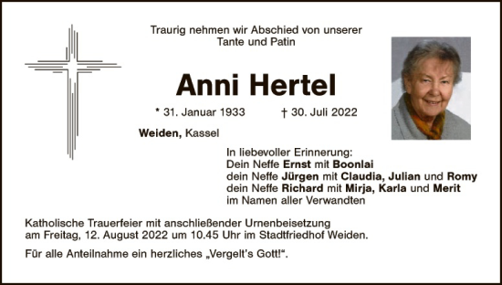 Traueranzeige von Anni Hertel von Hauptausgabe Weiden