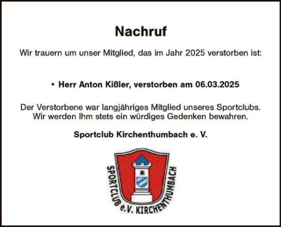 Traueranzeige von Anton Kißler von Tirschenreuth + Eschenbach - Kemnath - Erbendorf