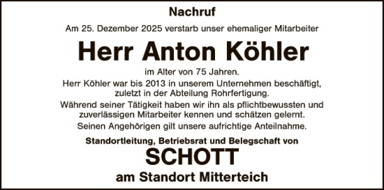 Traueranzeige von Anton Köhler von Tirschenreuth
