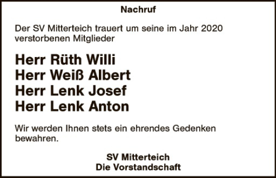 Traueranzeige von Anton Lenk von Tirschenreuth + Eschenbach - Kemnath - Erbendorf