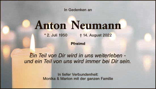 Traueranzeige von Anton Neumann von Landkreis Schwandorf