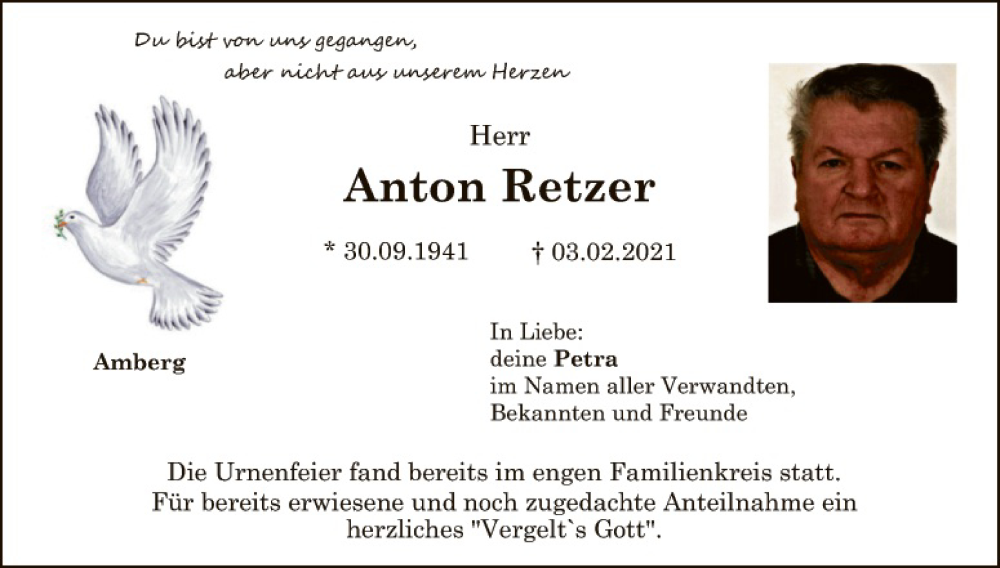 Traueranzeige für Anton Retzer vom 15.02.2021 aus Hauptausgabe Amberg