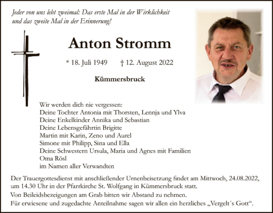 Traueranzeige von Anton Stromm von Hauptausgabe Amberg