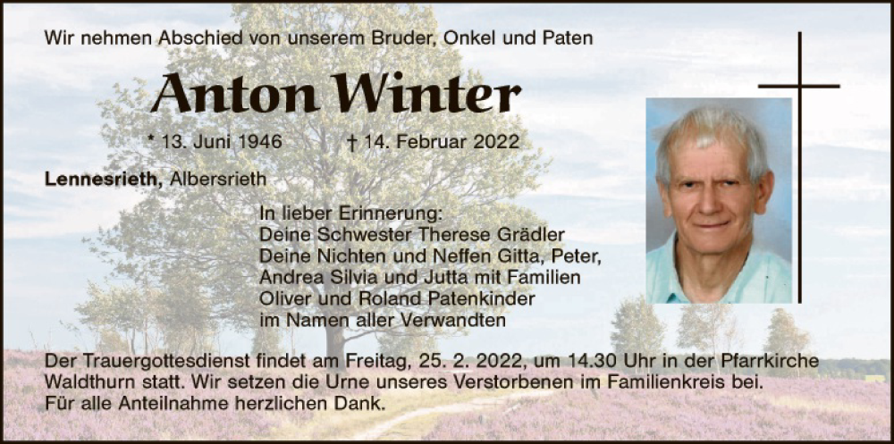  Traueranzeige für Anton Winter vom 22.02.2022 aus Landkreis Schwandorf und Vohenstrauß