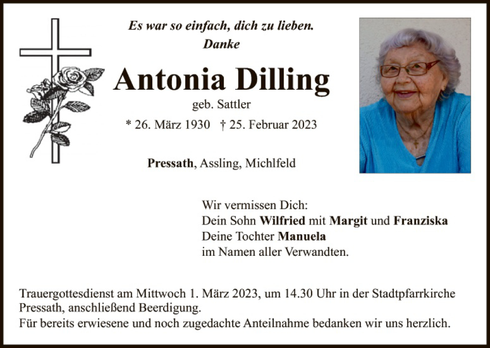  Traueranzeige für Antonia Dilling vom 28.02.2023 aus Tirschenreuth + Eschenbach - Kemnath - Erbendorf