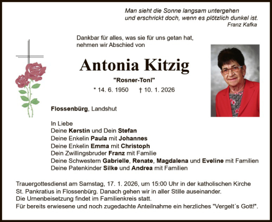 Traueranzeige von Antonia Kitzig von Hauptausgabe Weiden