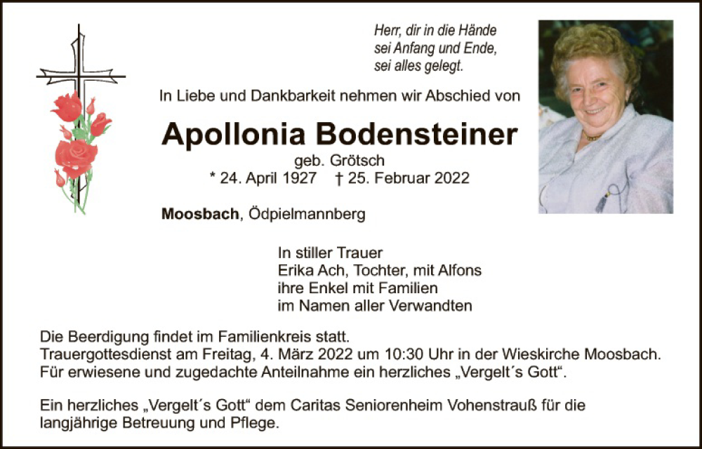  Traueranzeige für Apollonia Bodensteiner vom 02.03.2022 aus Hauptausgabe Weiden