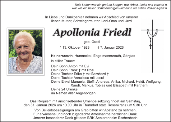 Traueranzeige von Apollonia Friedl von Tirschenreuth + Eschenbach - Kemnath - Erbendorf