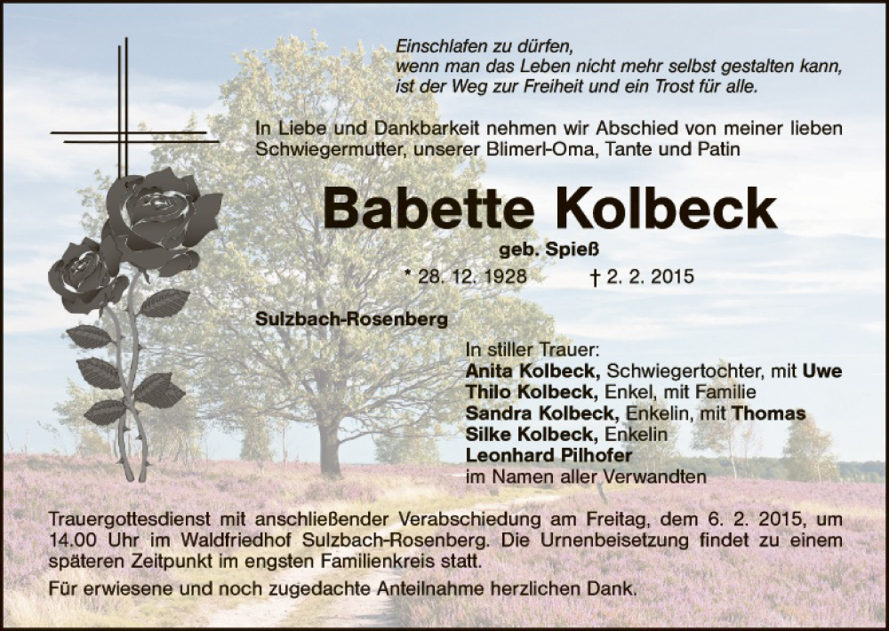  Traueranzeige für Babette Kolbeck vom 04.02.2015 aus Hauptausgabe Amberg