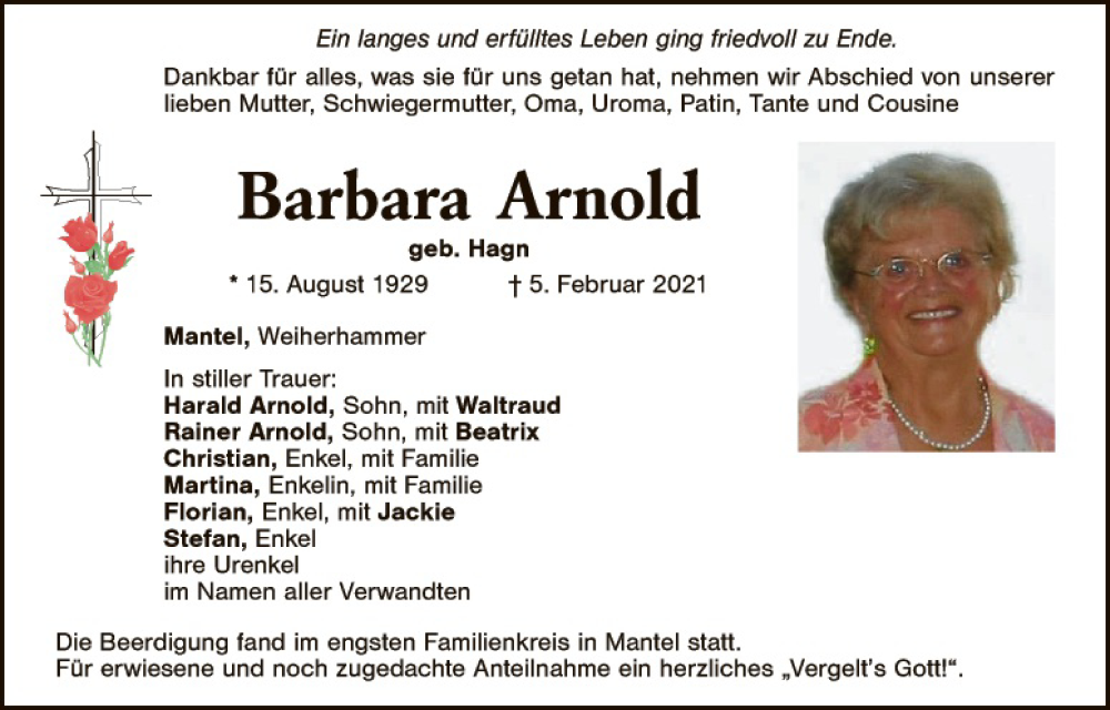  Traueranzeige für Barbara Arnold vom 10.02.2021 aus Hauptausgabe Weiden