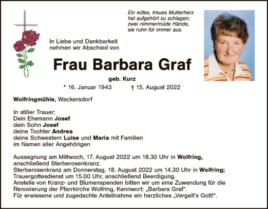Traueranzeige von Barbara Graf von Landkreis Schwandorf