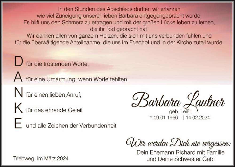  Traueranzeige für Barbara Lautner vom 02.03.2024 aus Hauptausgabe Amberg
