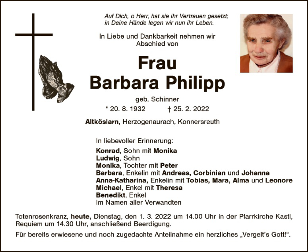  Traueranzeige für Barbara Philipp vom 01.03.2022 aus Tirschenreuth + Eschenbach - Kemnath - Erbendorf