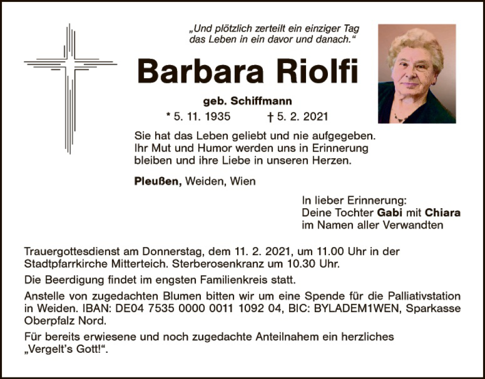  Traueranzeige für Barbara Riolfi vom 09.02.2021 aus Hauptausgabe Weiden