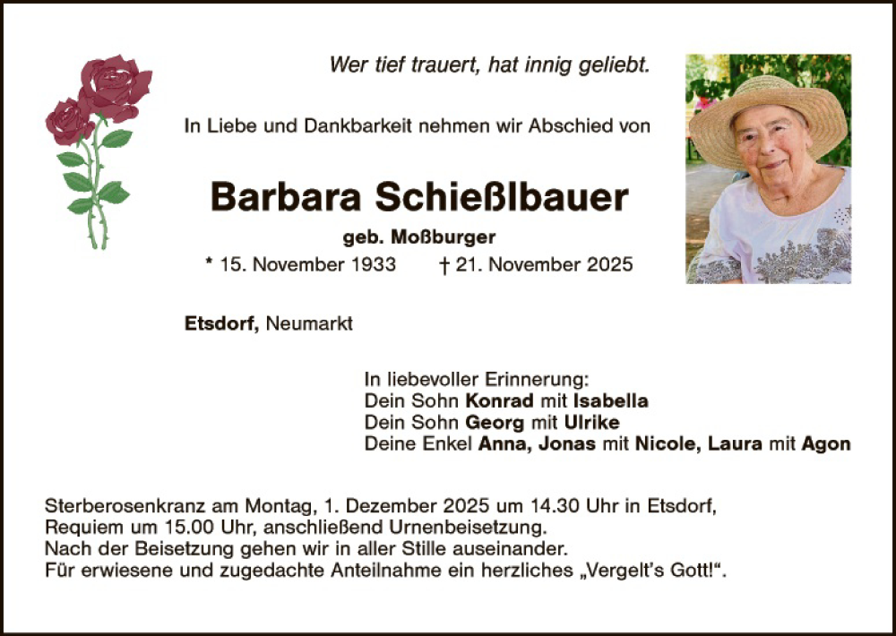  Traueranzeige für Barbara Schießlbauer vom 27.11.2025 aus Hauptausgabe Amberg