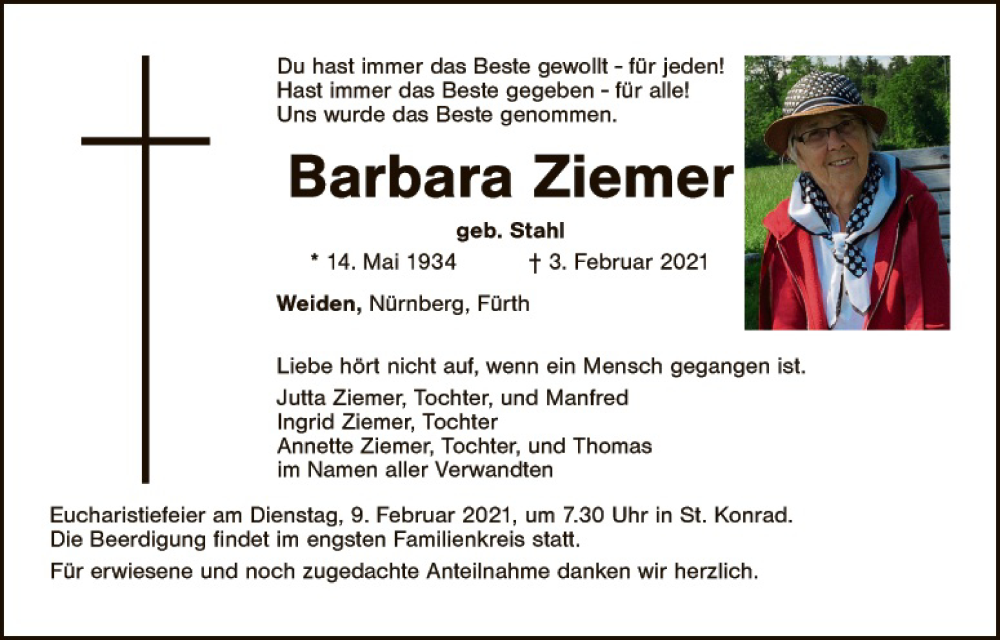  Traueranzeige für Barbara Ziemer vom 06.02.2021 aus Hauptausgabe Weiden