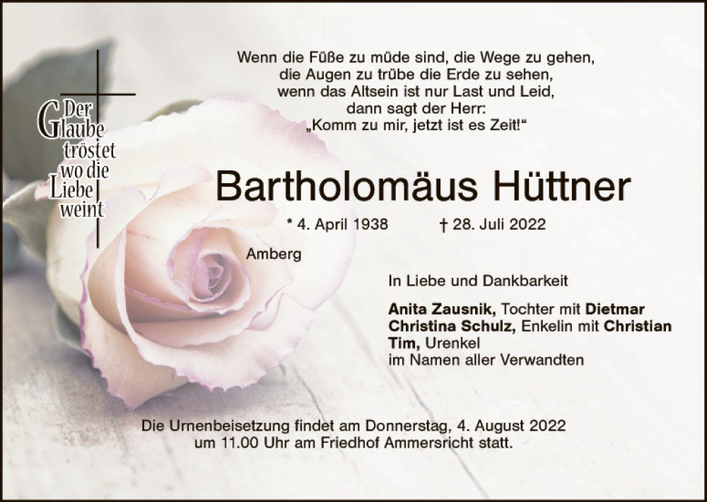  Traueranzeige für Bartholomäus Hüttner vom 30.07.2022 aus Hauptausgabe Amberg