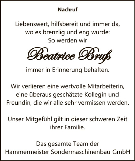 Traueranzeige von Beatrice Bruß von Hauptausgabe Amberg