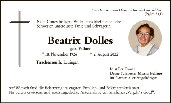 Traueranzeige von Beatrix Dolles von Tirschenreuth + Eschenbach - Kemnath - Erbendorf