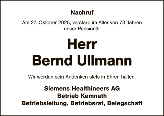 Traueranzeige von Bernd Ullmann von Eschenbach - Kemnath - Erbendorf