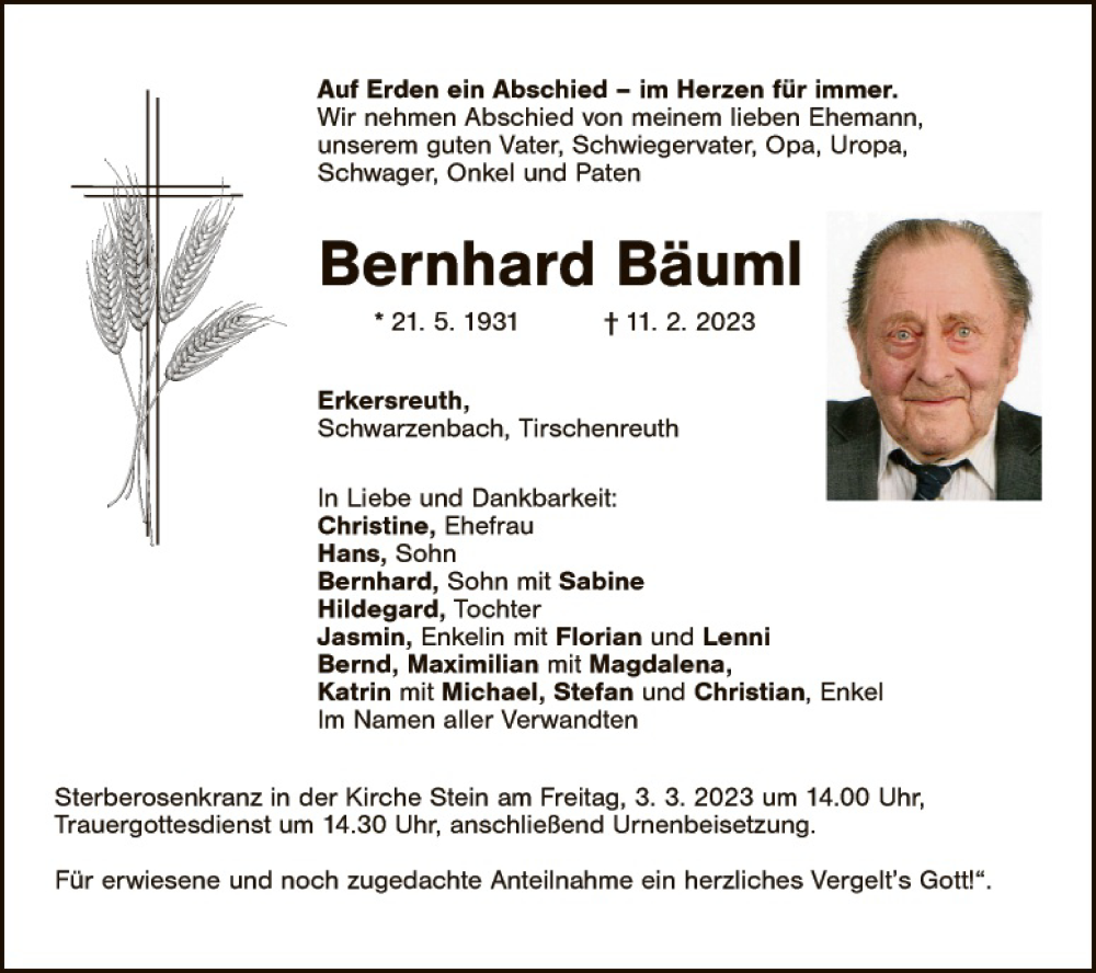  Traueranzeige für Bernhard Bäuml vom 28.02.2023 aus Tirschenreuth + Eschenbach - Kemnath - Erbendorf