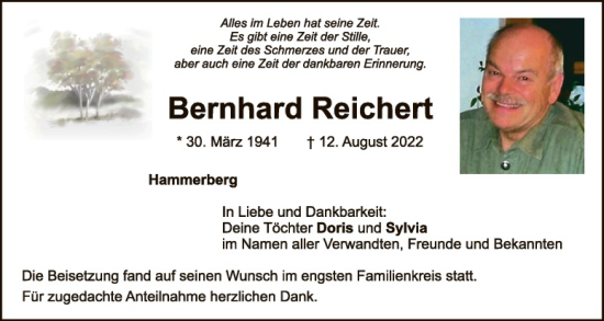 Traueranzeige von Bernhard Reichert von Hauptausgabe Amberg