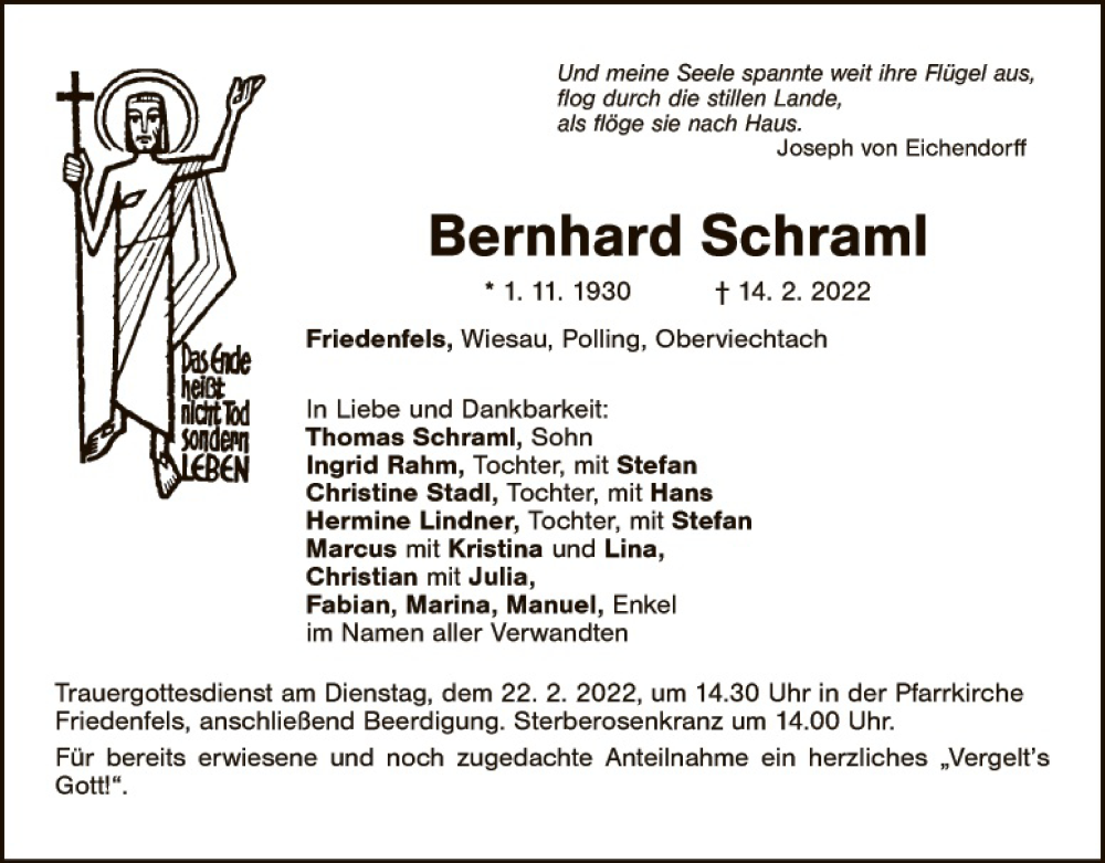  Traueranzeige für Bernhard Schraml vom 19.02.2022 aus Tirschenreuth + Eschenbach - Kemnath - Erbendorf
