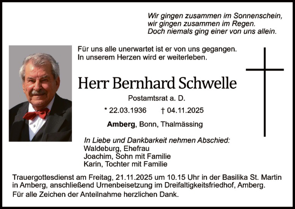 Traueranzeige für Bernhard Schwelle vom 15.11.2025 aus Hauptausgabe Amberg