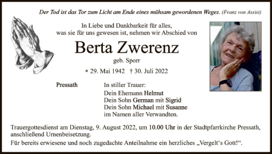 Traueranzeige von Berta Zwerenz von Tirschenreuth + Eschenbach - Kemnath - Erbendorf