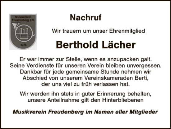 Traueranzeige von Berthold Lächer von Hauptausgabe Amberg