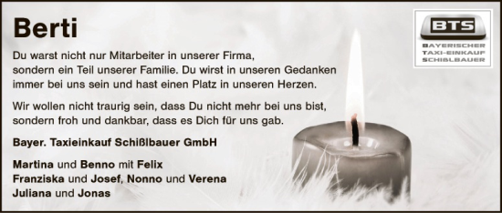Traueranzeige von Berti  von Hauptausgabe Amberg