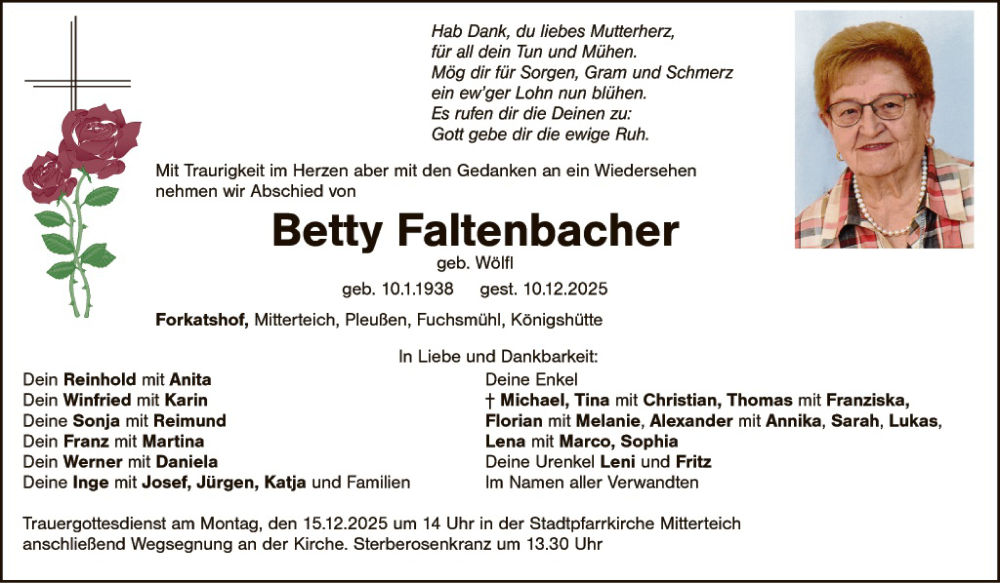  Traueranzeige für Betty Faltenbacher vom 13.12.2025 aus Tirschenreuth + Eschenbach - Kemnath - Erbendorf