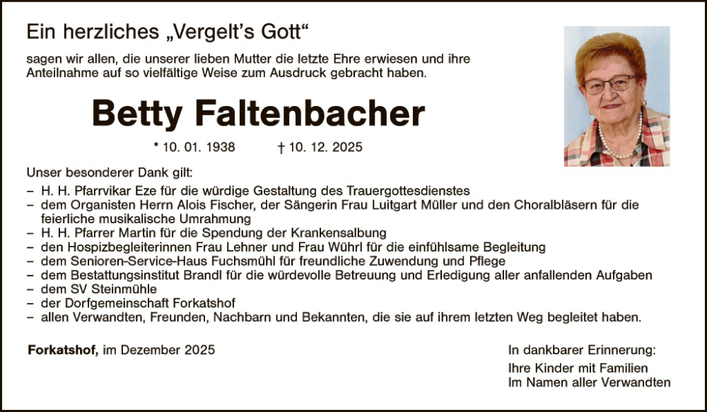  Traueranzeige für Betty Faltenbacher vom 27.12.2025 aus Tirschenreuth + Eschenbach - Kemnath - Erbendorf
