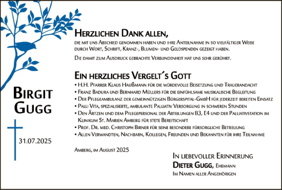 Traueranzeige von Birgit Gugg von Hauptausgabe Amberg