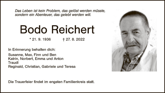 Traueranzeige von Bodo Reichert von Hauptausgabe Weiden